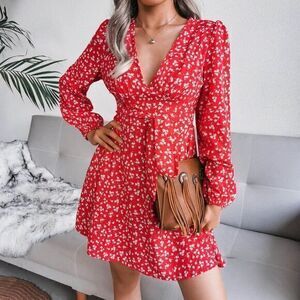 Cupshe‎ Boho Disty Floral Dresses Puff Sleeve Wrap V Neck A-Line Flowy RefCPS080